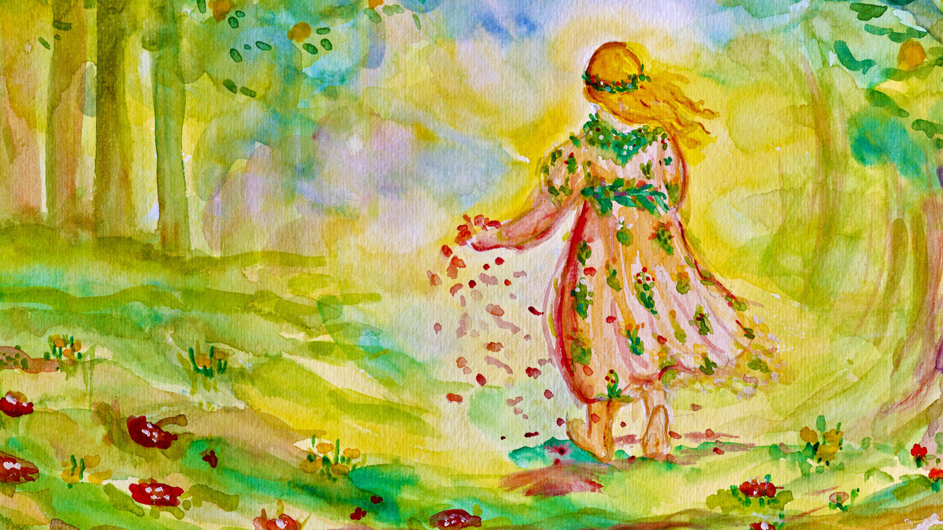 Arianna che cammina in un prato fiorito in stile pittorico ad acquerello